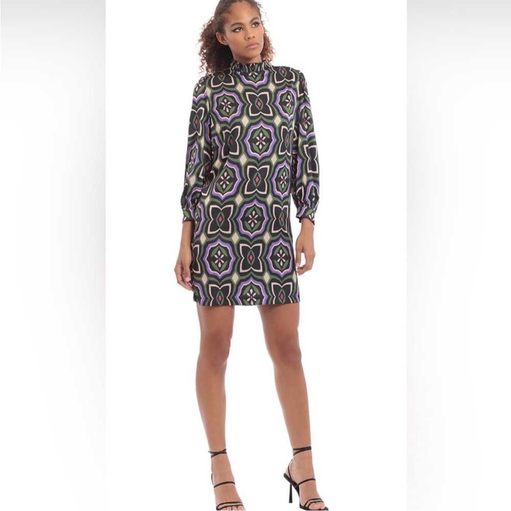 Donna Morgan Long Sleeve Geo Print Shift Dress Size 8 EUC